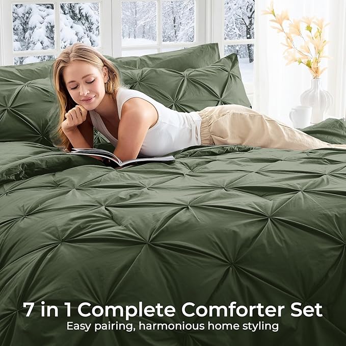 Sasttie Full Size Comforter Set, 7-Piece Bed in a Bag Double, Pintuck Bedding Set for All Season, Includes Comforter, Flat Sheet, Fitted Sheet, Pillowcases and Pillowshams, Dark Green