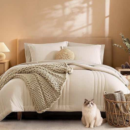 Monbix California King Size Comforter Set - 7 Pieces Bed in a Bag California King, Beige Bedding Sets with Comforter, All Seasons Comforter Bed Set with Sheets, Pillowcases & Shams