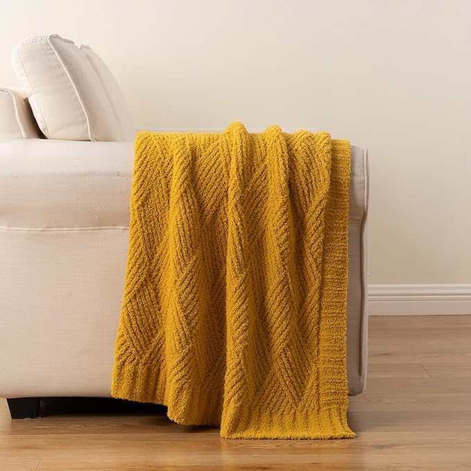 Battilo Yellow Diamond Knit Throw Blanket for Couch and Bed, Soft Textured Chenille Blanket, Cozy Lightweight Decorative Blanket for Sofa, 50"x60"