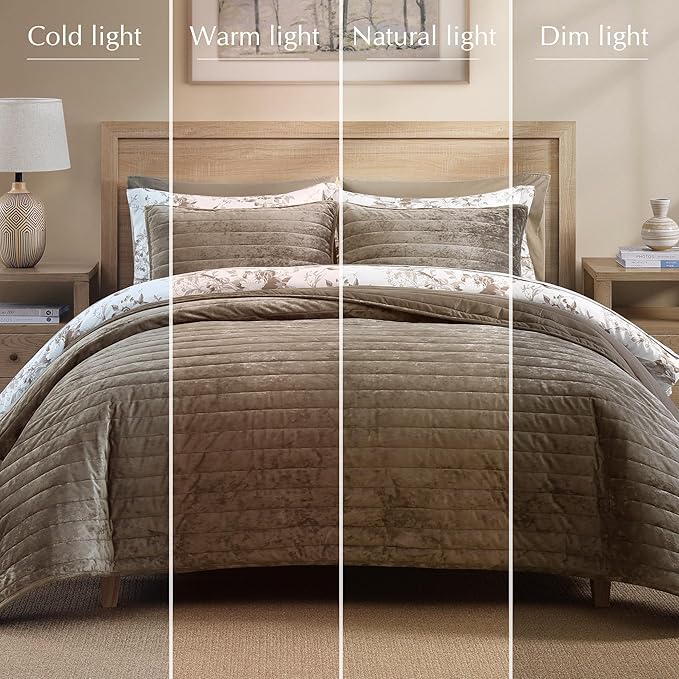 WRENSONGE Velvet King Size Quilt Set-3 Pieces Taupe Oatmeal Luxurious Velvet Striped Channel Comforter with 2 Shams, Soft Bedspread Coverlet Quilted Bedding Set for All Season