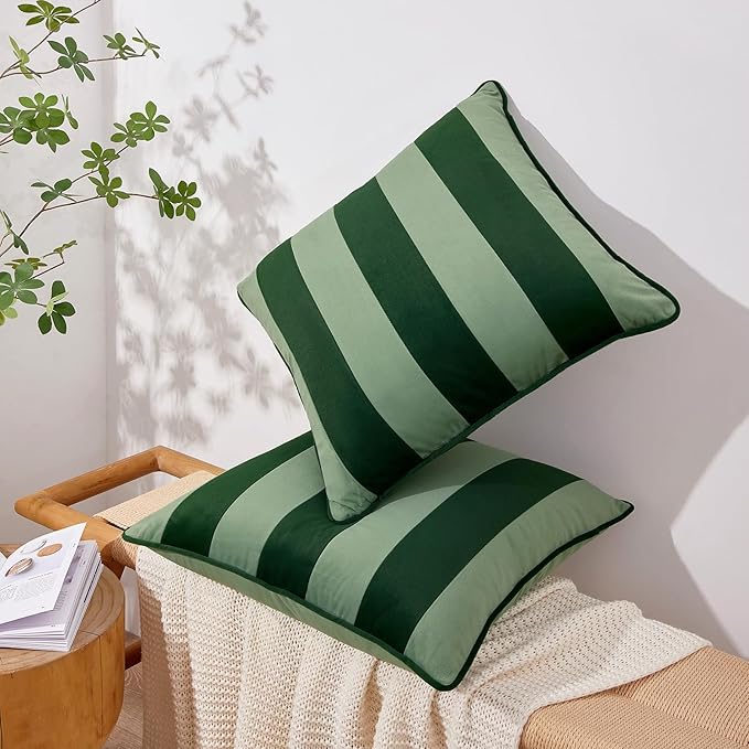 MONDAY MOOSE Decorative Throw Pillow Covers Cushion Cases, Set of 2 Soft Velvet Striped Piping Edge Designs, Pillow Inserts Not Included (16x16 inch, Green/Light Green)