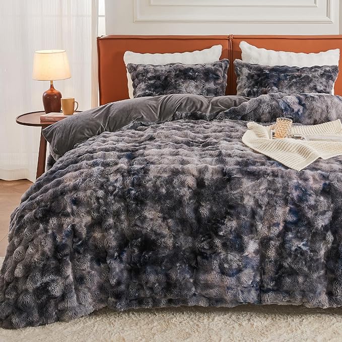 EMME Faux Fur Duvet Cover Queen Size, 3 Pieces Ultra Soft Fluffy Comforter Cover, Cozy Warm for Winter, Luxury Shaggy Bubble Design Bedding, 1 Duvet Cover & 2 Pillow Shams (Queen, Tie Dye Dark Grey)