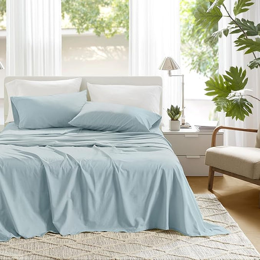 Comfort Spaces 100% Cotton Sheets Twin, Breathable, Soft Cotton Sheets, Naturally Cool Cotton Bed Sheets with 12" Elastic Pocket Fits up to 14" Mattress, All Season Sheet Set, Twin Light Blue 3 Piece
