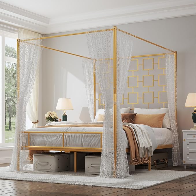 Modern Queen Canopy Bed Sturdy Metal Slats Easy Assembly – 1000lbs Capacity, Ideal for Small Spaces & Rentals, No Box Spring Needed