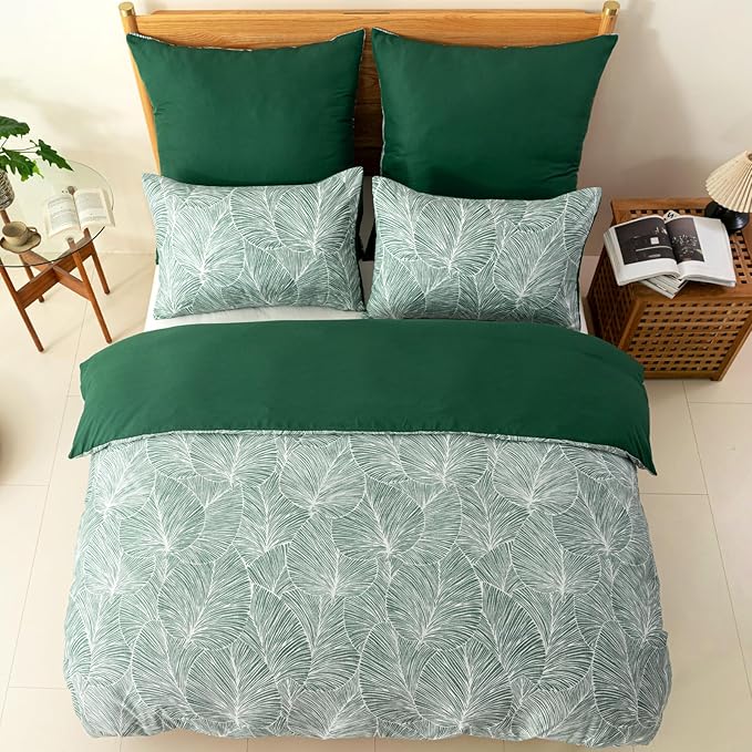 Lekesky Emerald Green Duvet Cover Queen Size, Reversible Queen Comforter Cover with Tropical Leaves Pattern, Soft 100% Washed Microfiber 3 Pieces Green Bedding Set with Zipper and 2 Pillowcases
