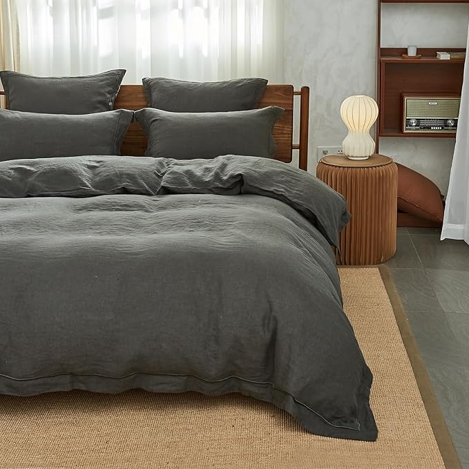 Simple&Opulence 100% Washed Linen Duvet Cover with Embroidered, 3 Pieces Soft Farmhouse Comforter Set with Button Closure,1 Duvet Cover and 2 Pillowshams(King,Charcoal Grey)