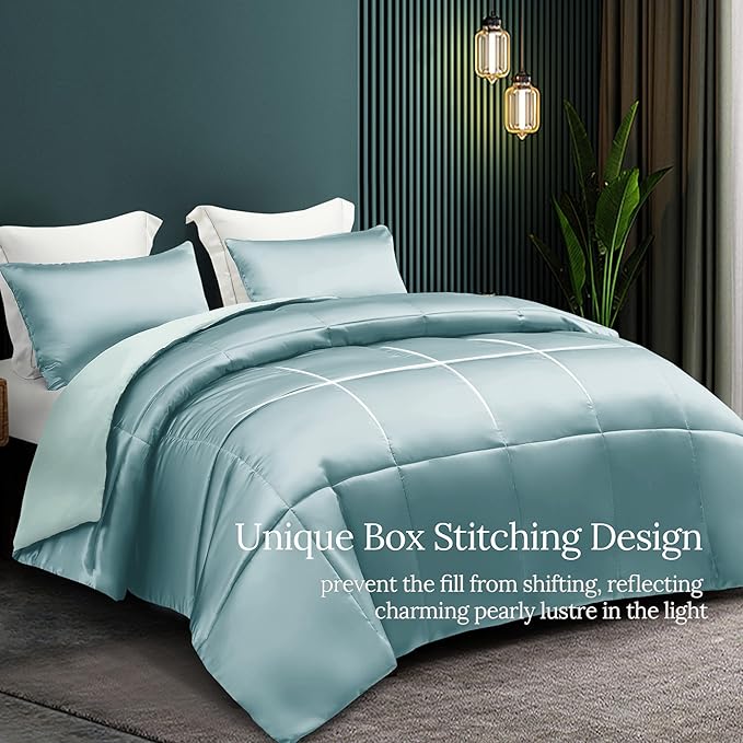 Whale Flotilla 2-Piece Reversible Silky Soft Twin Size Comforter Bedding Set, Luxurious Satin Comforters with Satin Pillowcase, Lightweight Duvet for All Seasons, Haze Blue