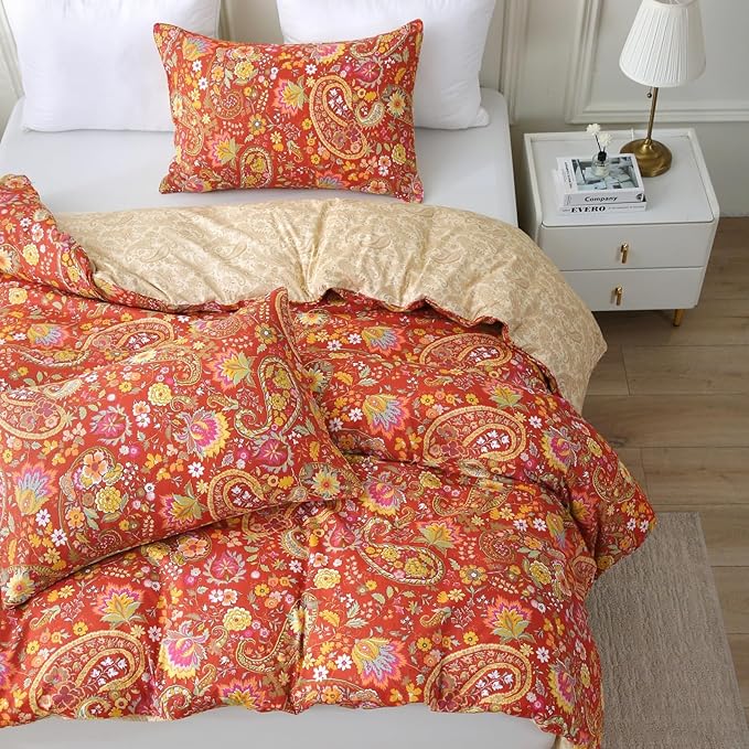ABREEZE Paisley Bedding Sets 3Pcs Brushed Cotton Duvet Cover Set Cal.King Size Rustic Damask Red Floral Comforter Cover with Zipper Closure Boho Bedding Collections