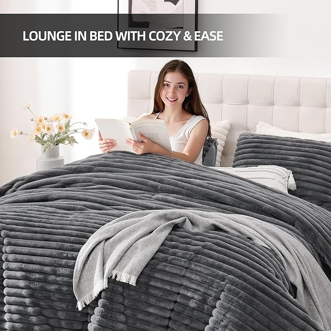 Smoofy Fluffy Twin Comforter Sets 2 Pieces - Dark Grey Fleece Fluffy Comforter Set, Luxury Fuzzy Twin Bedding Set, Soft Warm Comforter All Season, Heavy Faux Fur Comforter with Pillow Cases