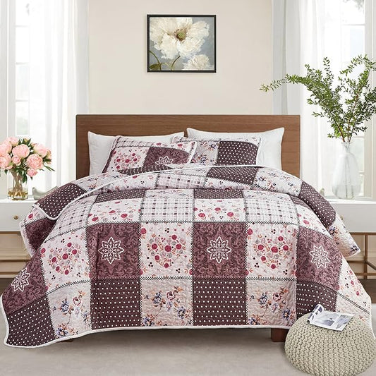 Patchwork Quilt Set King Size, 3 Pieces Brown Floral Plaid Summer Bedspread Coverlet Set, Soft Microfiber Reversible Lightweight Bed Cover for All Season (102" x 90", 1 Quilt+ 2 Pillow Shams)