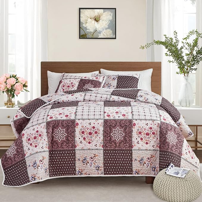 Patchwork Quilt Set Twin Size, 2 Pieces Brown White Floral Plaid Design Summer Bedspread Coverlet Set, Soft Microfiber Reversible Lightweight Bed Cover for Kids (68" x 86", 1 Quilt+ 1 Pillow Sham)
