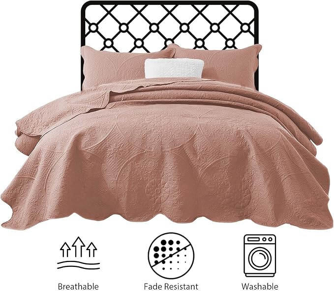 MOONLIGHT20015 Twin Quilt Bedding Set Size (66" x 86 ") + 1 Pillow Shams (20" x 26" + 2") - 2 Pcs All Season Lightweight Reversible Microfiber Coverlet Floral Embossed Quilt Bedspread (Peach)