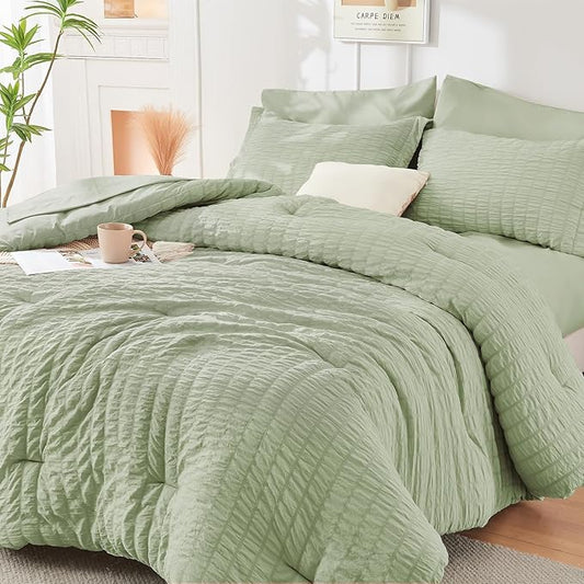 HYMOKEGE Light Green Twin Comforter Set Seersucker 5 Pieces, All Season Luxury Bed in a Bag for Bedroom, Bedding Set with Comforters, Sheets, Pillowcase & Shams