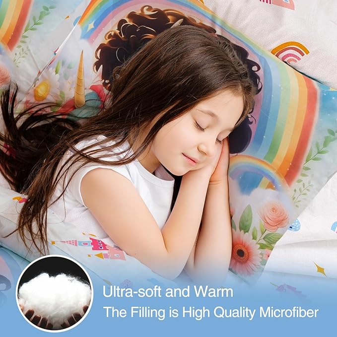 A Nice Night Princess Style Rainbow Unicorn Full Size Comforter Set for Girls - 6 Piece Flower Bedding Sets with Sheets, Breathable and Soft Polyester Fiber, Kids Comforter Set for Teen Girls,Full