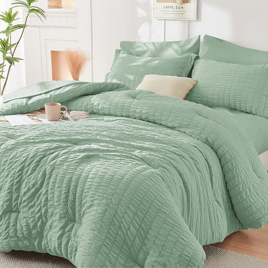 HYMOKEGE Sage Green Twin Comforter Set Seersucker 5 Pieces, All Season Luxury Bed in a Bag for Bedroom, Bedding Set with Comforters, Sheets, Pillowcase & Sham