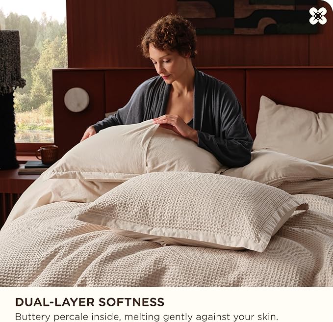 Bedsure Cotton Duvet Cover King - 100% Cotton Waffle Weave Beige Duvet Cover King Size, GentleSoft™ and Breathable Bedding Set for All Season, 3 Pieces, 104"x90"
