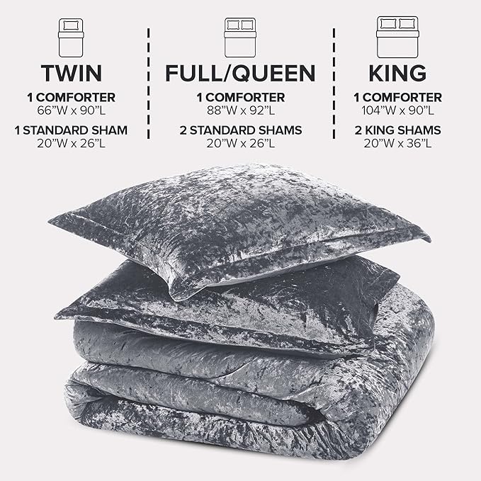 Comfort Spaces Juliette Luxe Comforter Set Velvet Lush with Soft Brushed Microfiber Reverse, All Season Cozy Velvet Bedding Sets, Fluffy Comforter Bed Set, Matching Sham, Grey Full/Queen 3 Piece