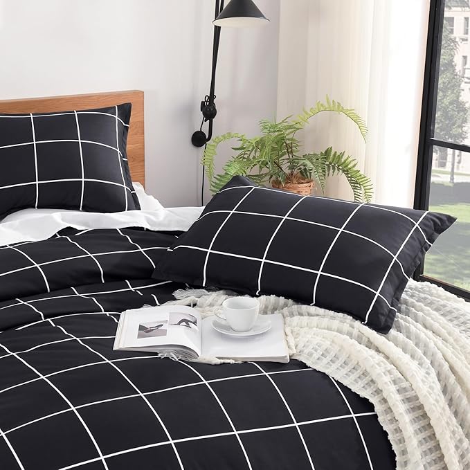 Andency Black Grid Comforter Set Twin(66x90Inch), 2 Pieces (1 Plaid Comforter and 1 Pillowcase) Black Plaid Comforter Set, Lightweight Microfiber Gingham Geometric Comforter Bedding Set
