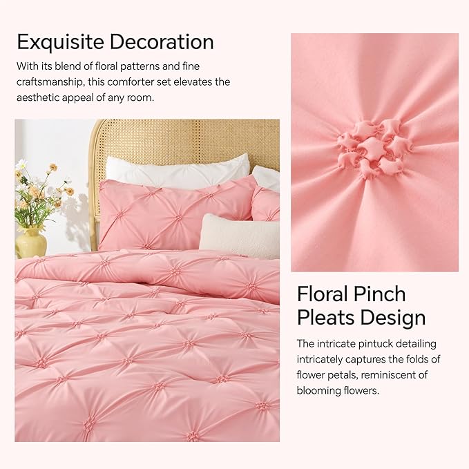 BEDELITE Pink Queen Comforter Set - 3 Pieces Boho Pintuck Bedding Comforter Sets, Lightweight Soft & Warm Bed Comforter with 2 Pillowcases for All Season,Valentines Day | Valentines Day, Multiple color, Modern Comforter, High Quality