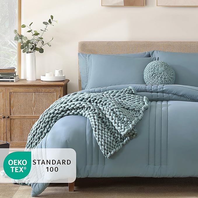 Monbix Full Comforter Set - 7 Pieces Dusty Blue Bed in a Bag Full Size Bedding Sets with Comforters, All Seasons Comforter with Sheets, Pillowcases & Shams