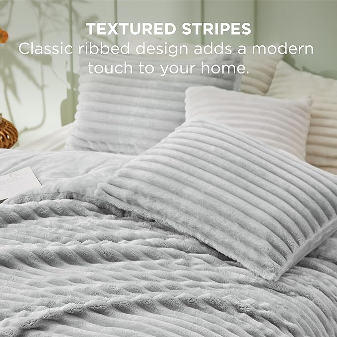 Bedsure Queen Comforter Set - GentleSoft™ 3 Pieces Fluffy Double-Side Fleece Comforter Set, Cozy Striped Room Decor Aesthetic, Luxury Light Grey Bedding Queen Size with 2 Pillowcases, 90x90 Inches