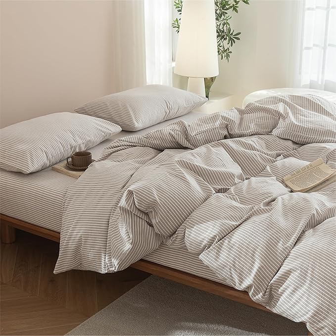 JIYUAN 100% Washed Cotton Striped Duvet Cover Set 3 Pieces Queen, 1 Duvet Cover and 2 Pillowcases(Comforter Not Included),Linen Like Comfy and Breathable,Pinstripes - Taupe White