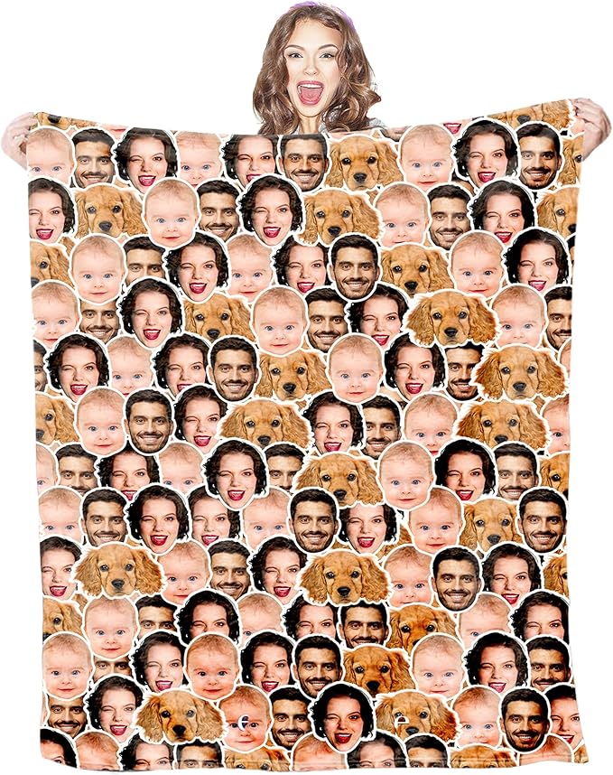Ships Next Day, Custom Blanket Funny Christmas Gag Gift Custom Face Blanket with Family Members Picture, Personalized Blankets for Dad Mom Couple Grandma Friend Pets Christmas Birthday Memorial Gift