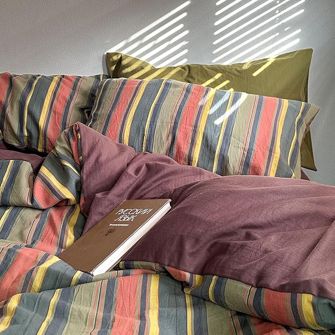 mixinni Vintage Striped Duvet Cover Set Twin Size - 3 Piece 100% Washed Cotton Bedding Set, Soft & Breathable, Colorful Striped Pattern Printed Comforter Cover for All Seasons