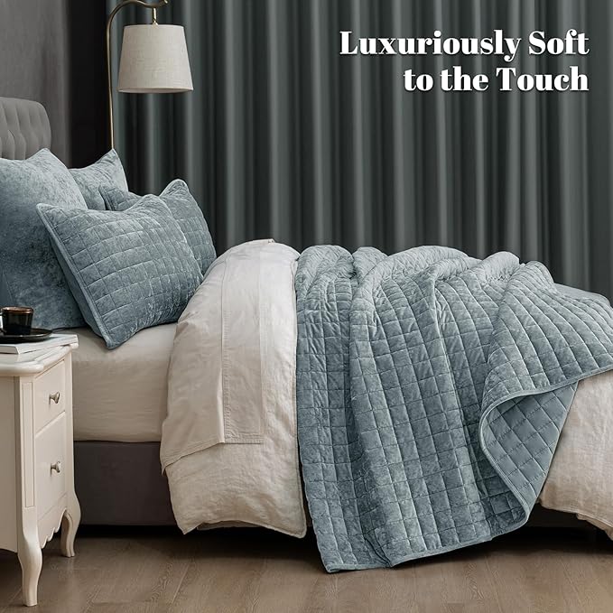 PHF Luxurious Velvet Quilt Set King Size – 3PCS Super Soft Quilted Comforter Alternative with Square-Box Quilt Pattern, Warm Quilted Bedspread Coverlet, 108" x 92", Dusty Blue