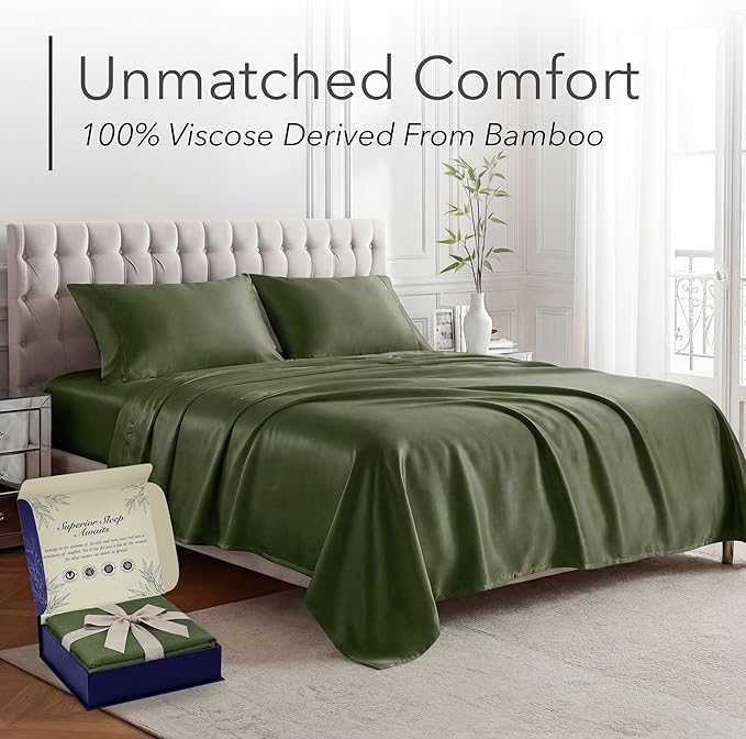 DECOLURE 100% Viscose Derived from Bamboo Sheets Queen Size - Luxury 4 Pc Naturally Cooling Sheets, Ultra Soft Bed Set - Deep 17" Pockets, Durable Double Stitching, Oeko Tex Standard (Olive)