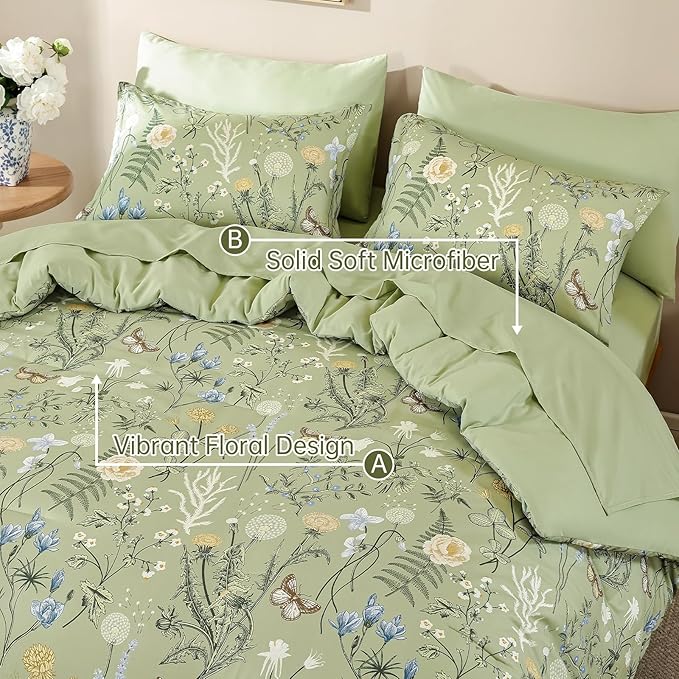 Yiran Sage Green Floral Comforter Set King Size, 7 Piece Botanical Comforter Bedding Set, Farmhouse Bed in a Bag, Soft Microfiber Complete Bedding Set with Sheets for All Season