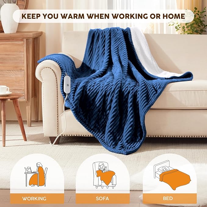 HYLEORY Heated Blanket Electric Queen, Soft Flannel Sherpa Heater 5 Heat Settings and 10 Hours Auto Shut-Off Heating Blanket ETL Certification Over-Heat Protection Machine Washable,Navy Blue