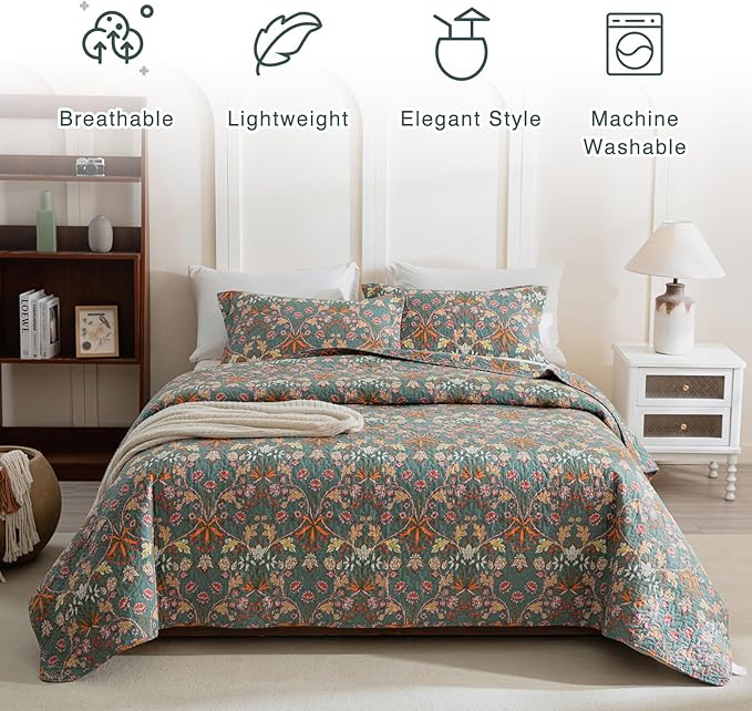 QSH 100% Cotton Floral Quilt Sets Queen Bedding Set (90"x98")-3PCs Luxury Paisley Botanical Flower Printed Quilted Bed Set Soft Lightweight Bedspread Coverlet Queen Set with Pillowcases