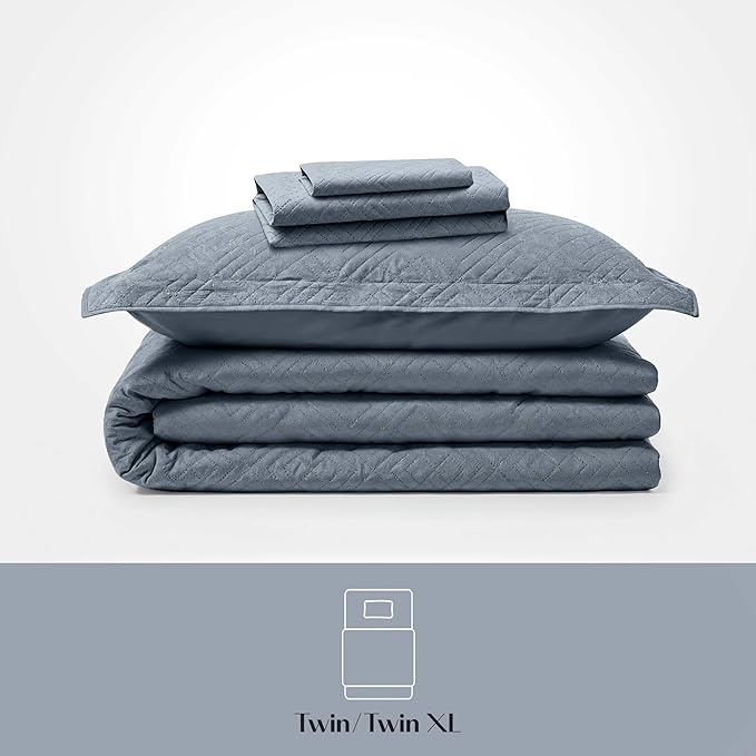 Hearth & Harbor Twin Quilt Set – All-Season Lightweight Bedspread & Coverlet with Pinsonic Weave - 5 Piece Twin Quilt Set with Pillow Shams, Steel Blue - Twin Diamond