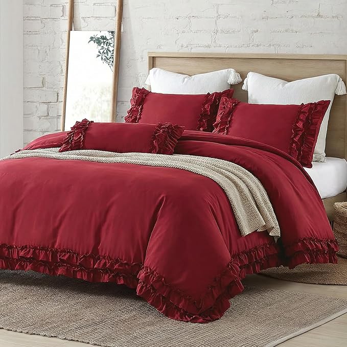Burgundy Duvet Cover Queen Size Ruffled Bedding Set Vintage Lace Ruffle Elegant Bedroom Decor Shabby Chic Farmhouse Style Boho Chic Duvet Cover Set for All Season