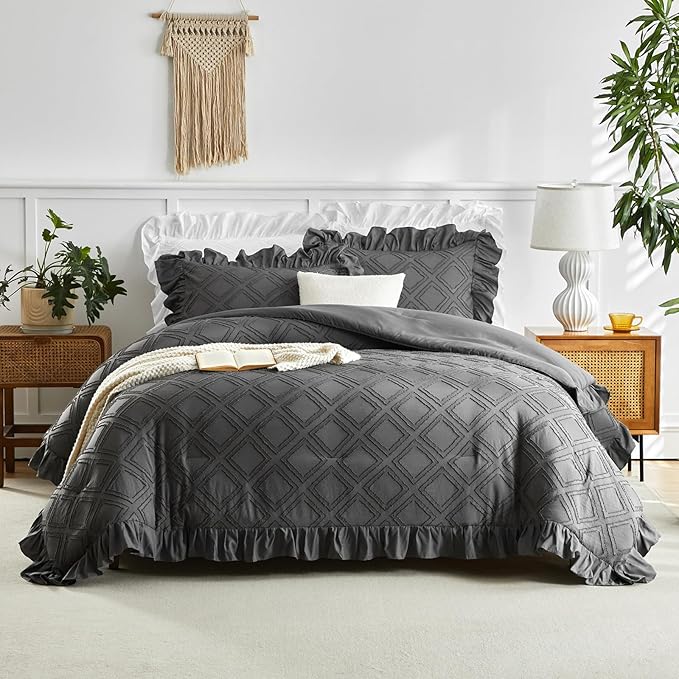 Flysheep Tufted Grids Ruffle Comforter Set Twin Size, 3 Pieces Dark Grey Vintage Farmhouse Shabby Chic Comforters, Jacquard Boho Bohemian Bedding Set for Kids (1 Ruffled Comforter+ 2 Pillow Shams)