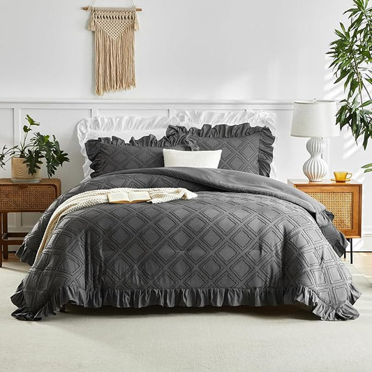 Tufted Grids Ruffle Comforter Set King Size, 3 Pieces Dark Grey Vintage Farmhouse Shabby Chic Comforters, Jacquard Boho Bohemian Bedding Set for All Season (1 Ruffled Comforter+ 2 Pillow Shams)