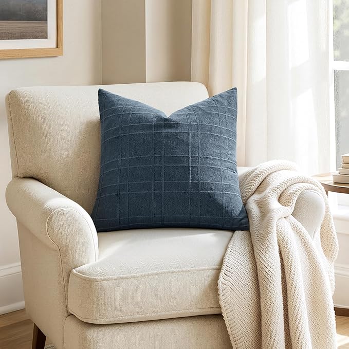 MIULEE Decorative Linen Check Euro Shams Throw Pillow Covers Neutral Farmhouse Vintage Pillow Covers 24x24 Set of 2 Boho Modern Home Decor for Sofa Couch Bedroom Cushion Deep Blue