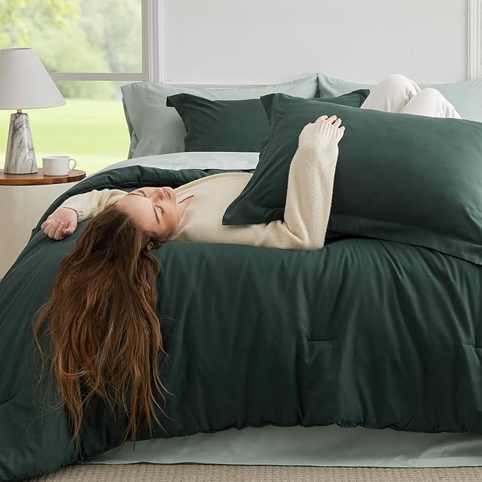 Bedsure Twin Comforter Set - 5 Pieces Forest Green Twin Bedding Set for All Seasons, Boho Contrasting Design Bed in a Bag with Comforter, Sheets, Pillowcase & Sham