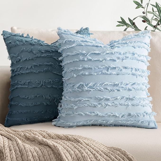 MIULEE Decorative Boho Throw Pillow Covers Set of 2 Light Blue Linen Striped Jacquard Pattern Summer Coastal Cushion Covers for Sofa Couch Living Room Bedroom 18x18 Inch