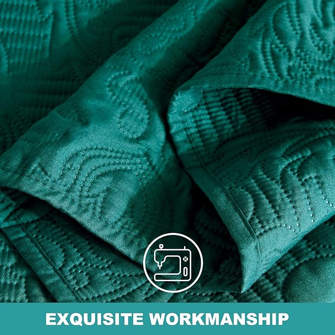 Hansleep Teal Quilt King Size - Damask Ultrasonic All Season Bedspread King, Soft Lightweight Coverlet Bedding Set, 3 Pieces (1 Quilt, 2 Pillow Shams)