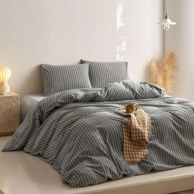 Wake In Cloud - Striped Cotton Duvet Cover Set, Ticking Stripe Vertical Pinstripe Farmhouse, 100% Washed Cotton Textured Percale Bedding Set, 3 Pieces, Gray, Full Size