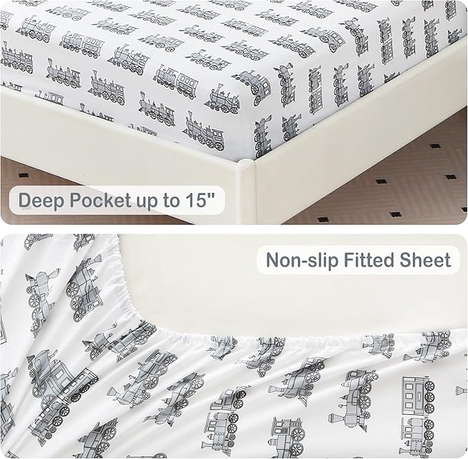 Viviland Kids Full Bedding Sets for Boys, Soft Full Comforter Set with Sheets, 7 Pieces Microfiber Bed in a Bag, Light Grey Train