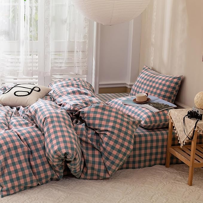 LifeTB Purple Pink Plaid Duvet Cover Full 3 Pieces Buffalo Grid Duvet Cover with 2 Pillowcases 100% Washed Cotton Reversible Plaid Comforter Cover Luxury Soft Breathable Grid Bedding Set Full
