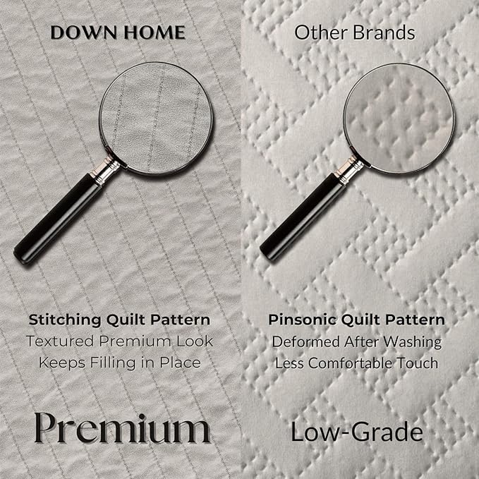 DOWN HOME King Quilt Bedding Set with Shams, Vintage Washed Soft Quilted Blanket Thin Comforter Lightweight Bedspread Coverlet Bed Cover, Brushed Microfiber Stripe Stitching, Light Gray, 104"x90"