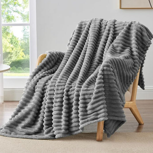 BEDELITE Fleece Throw Blanket for Couch - 300GSM Soft & Warm Fluffy Grey Blanket, Decorative and Giftable Striped Blankets for Women, Men, 50"x60"