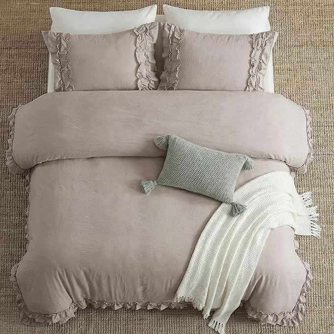 Bedorm Taupe Duvet Cover Set Twin Ruffle Bedding Set Pleat Ruffled Shabby Chic Comforter Cover Extra Soft & Easy Care Boho Duvet Cover with Zipper Closure
