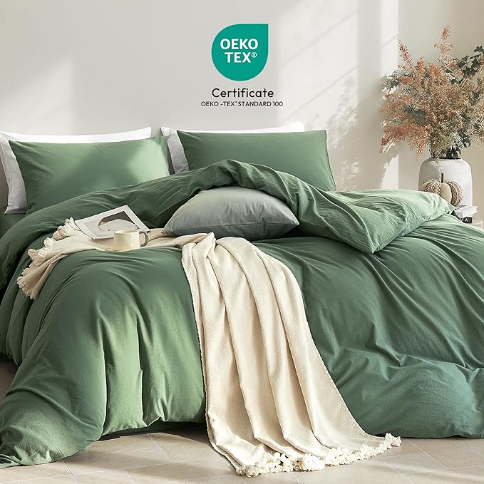 JELLYMONI Duvet Cover King Size - Washed Cotton Comforter Cover with Linen-Like Texture,Breathable & Soft Bedding for Modern Home,Guest Room and Everyday Use,Dusty Green 1 Duvet Cover & 2 Pillowcases