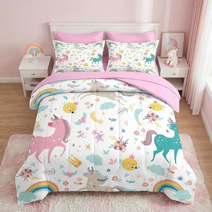 Nesker 7 Pcs Comforter Set Queen Size, Cute Colorful Unicorns Bedding Set for Kids Teen, Cloud Rainbow with Fitted Sheet 2 Pillowcases & 2 Shams for Bedroom Bed Decor