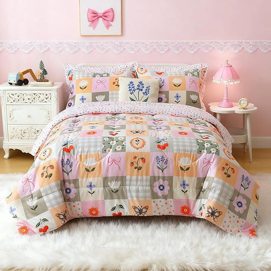 Mooreeke Kids Full Comforter Sets for Girls 8 Pieces Floral Butterfly Bedding Set for Teens Microfiber Splice Block Flower Kids Bed in A Bag with Comforter, Sheet Set, Shams and Decorative Toy Pillow